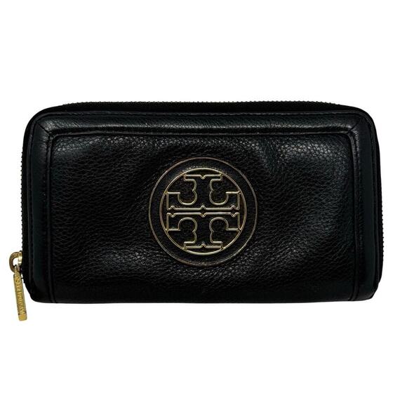 Tory Burch Handbags - Tory Burch Amanda Zip Continental Wallet Black Pebbled Leather Gold Logo EUC